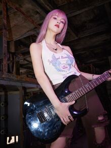 ROMWE Grunge Punk Top halter corto con letra ala con estampado de canalé - Albaricoque - Ver 5