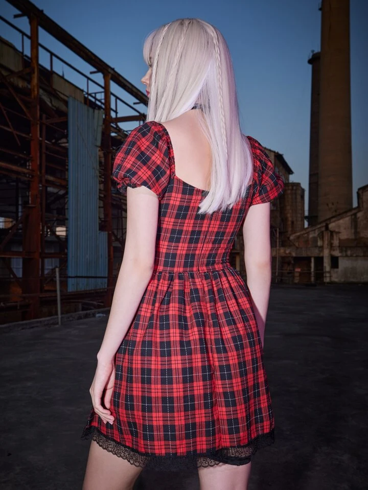 Our Grunge Punk Plaid Print Lace Up Dress is such a vibe - ROMWE