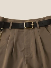 SHEIN Essnce Fold Pleated Belted Short Shorts With Chain - Coffee Brown - View 4