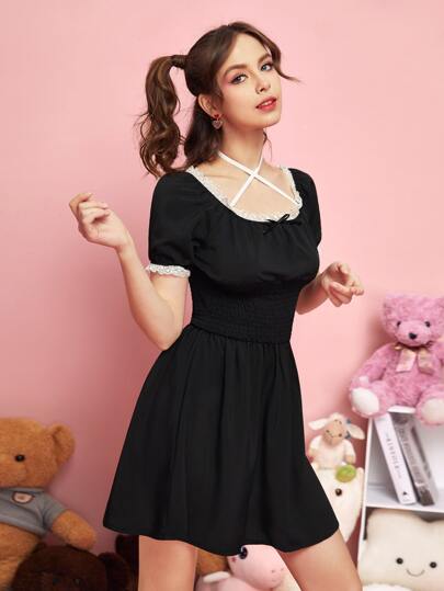 ROMWE レーストリム シール クリスクロス ドレス