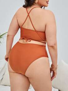 大尺碼純色十字比基尼套裝夏日海灘 - 香檳色 - 查看 2