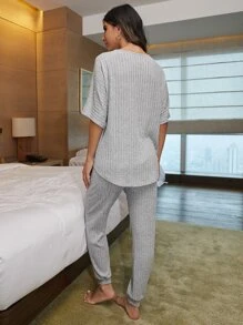Ribbed Knit Dolman Sleeve Top & Trousers Lounge Set - Grey - View 2