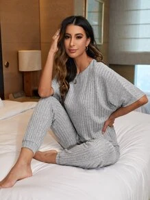Ribbed Knit Dolman Sleeve Top & Trousers Lounge Set - Grey - View 5