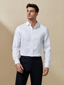 GENTILAND Hombres Camisa unicolor bajo curvo - Blanco - Ver 1