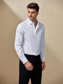 GENTILAND Hombres Camisa unicolor bajo curvo - Blanco - Ver 3