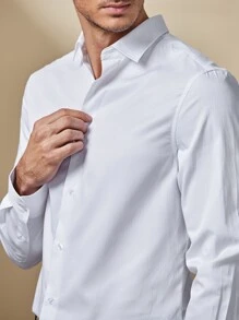 GENTILAND Hombres Camisa unicolor bajo curvo - Blanco - Ver 4