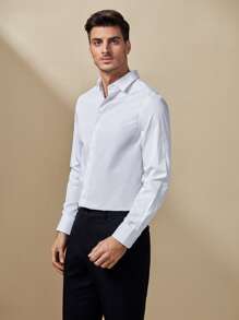 GENTILAND Hombres Camisa unicolor bajo curvo - Blanco - Ver 5