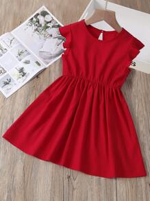 SHEIN Young Girl Ruffle Trim Keyhole Back Dress - Red - View 1