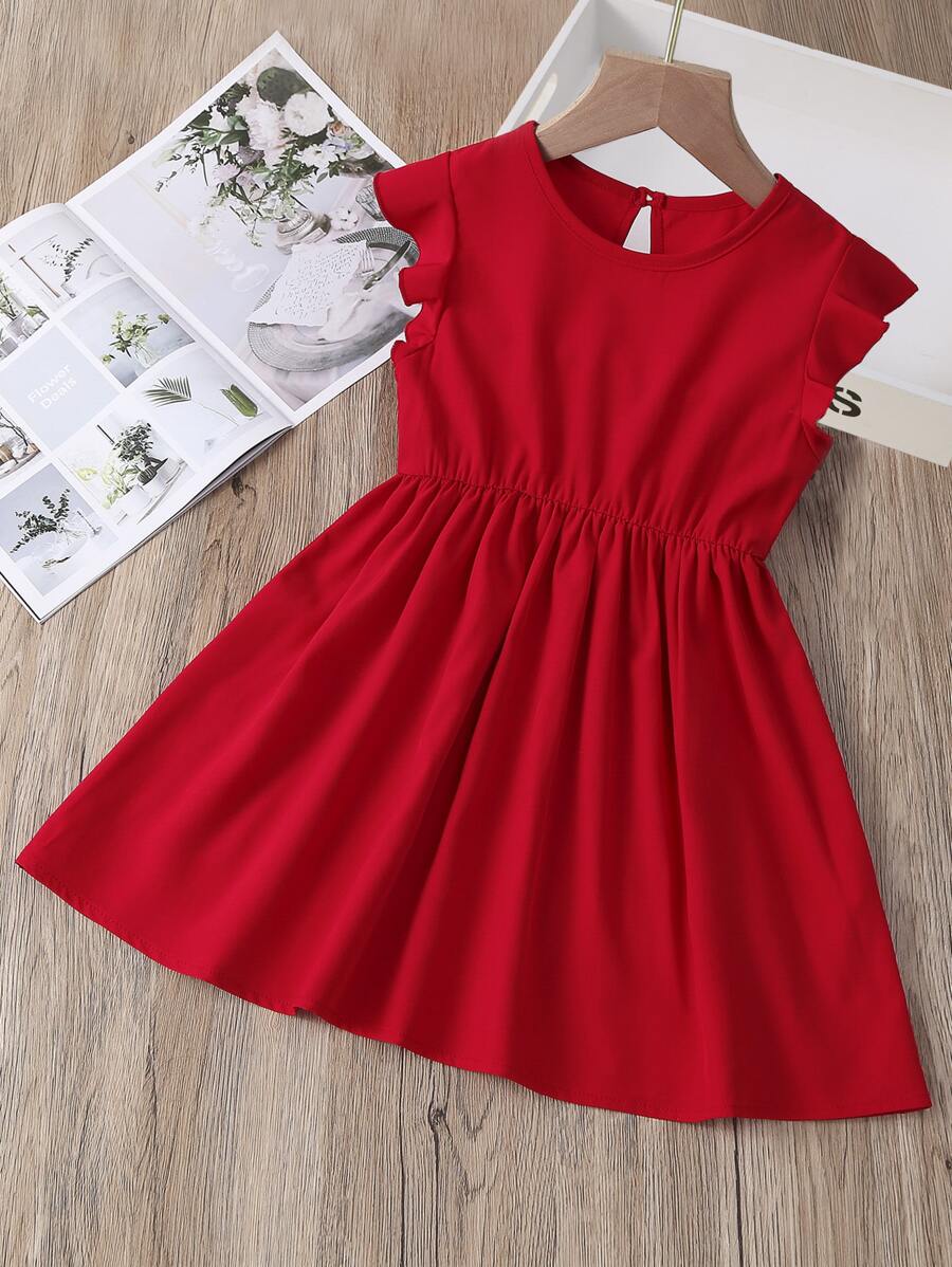 SHEIN Young Girl Ruffle Trim Keyhole Back Dress - Red - View 1