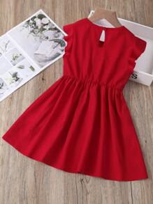 SHEIN Young Girl Ruffle Trim Keyhole Back Dress - Red - View 2