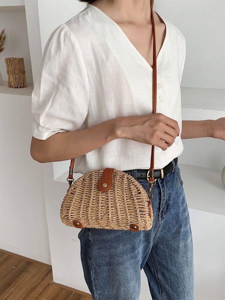 Mini Vacation Design Snap Button Straw Bag - Khaki - View 1