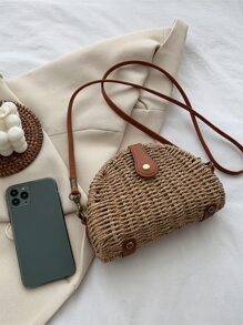 Mini Vacation Design Snap Button Straw Bag - Khaki - View 5