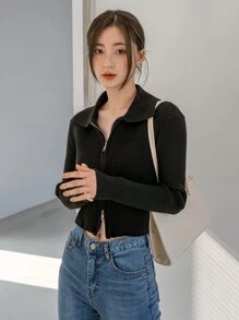 DAZY Rib-knit Zip Up Crop Cardigan - Black - View 1