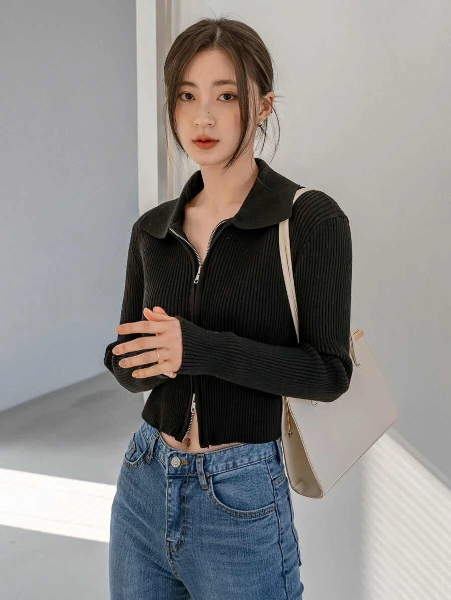 DAZY Rib-knit Zip Up Crop Cardigan - Black - View 1