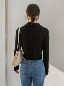 DAZY Rib-knit Zip Up Crop Cardigan - Black - View 2