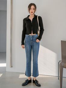 DAZY Rib-knit Zip Up Crop Cardigan - Black - View 3