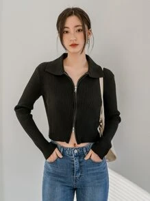 DAZY Rib-knit Zip Up Crop Cardigan - Black - View 4