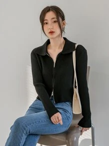 DAZY Rib-knit Zip Up Crop Cardigan - Black - View 5