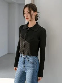 DAZY Rib-knit Zip Up Crop Cardigan - Black - View 6
