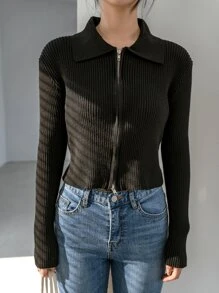 DAZY Rib-knit Zip Up Crop Cardigan - Black - View 8