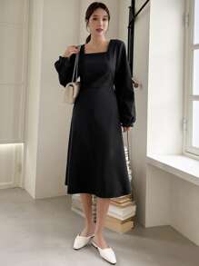 DAZY Vestido de cuello cuadrado con cordón trasero - Negro - Ver 5