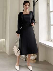 DAZY Vestido de cuello cuadrado con cordón trasero - Negro - Ver 6