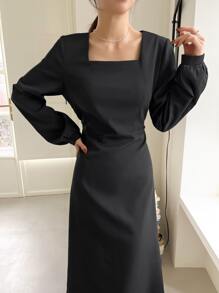 DAZY Vestido de cuello cuadrado con cordón trasero - Negro - Ver 7