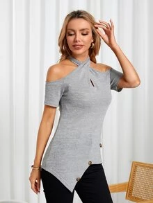 Áo thun nữ Bất đối xứng Nút Hội Chữ thập màu trơn Giải trí - Xám - Xem 4