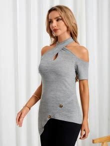 Áo thun nữ Bất đối xứng Nút Hội Chữ thập màu trơn Giải trí - Xám - Xem 3
