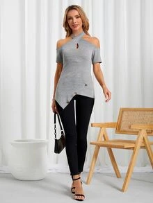 Áo thun nữ Bất đối xứng Nút Hội Chữ thập màu trơn Giải trí - Xám - Xem 5