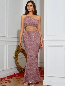 LOVE&LEMONADE Đầm Hội Chữ thập Cắt ra Dây kéo màu trơn Hấp dẫn - Bụi hồng - Xem 3