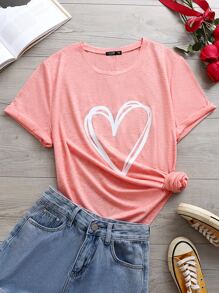 大碼愛心圖案T恤 - 粉色 - 查看 1