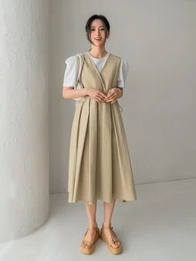 DAZY Đầm Nút Cắt ra màu trơn Giải trí - Màu Khaki - Xem 8