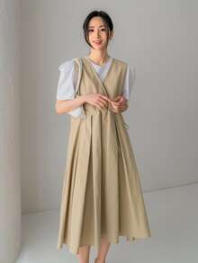 DAZY Đầm Nút Cắt ra màu trơn Giải trí - Màu Khaki - Xem 3