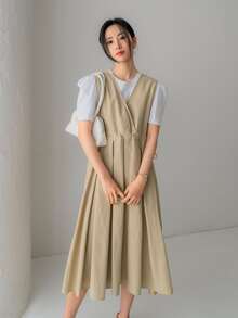 DAZY Đầm Nút Cắt ra màu trơn Giải trí - Màu Khaki - Xem 4