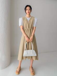 DAZY Đầm Nút Cắt ra màu trơn Giải trí - Màu Khaki - Xem 7