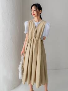 DAZY Đầm Nút Cắt ra màu trơn Giải trí - Màu Khaki - Xem 1