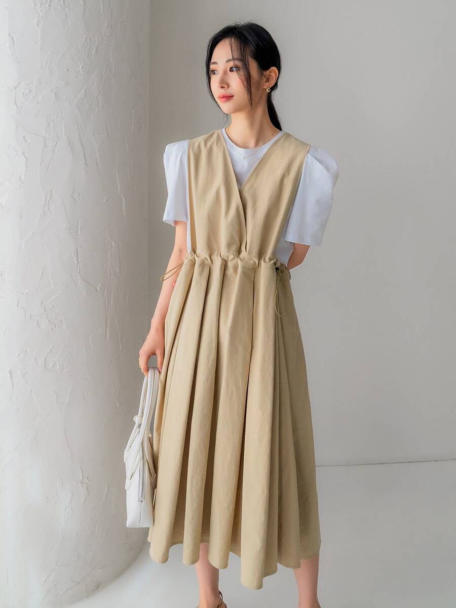 DAZY Đầm Nút Cắt ra màu trơn Giải trí - Màu Khaki - Xem 1