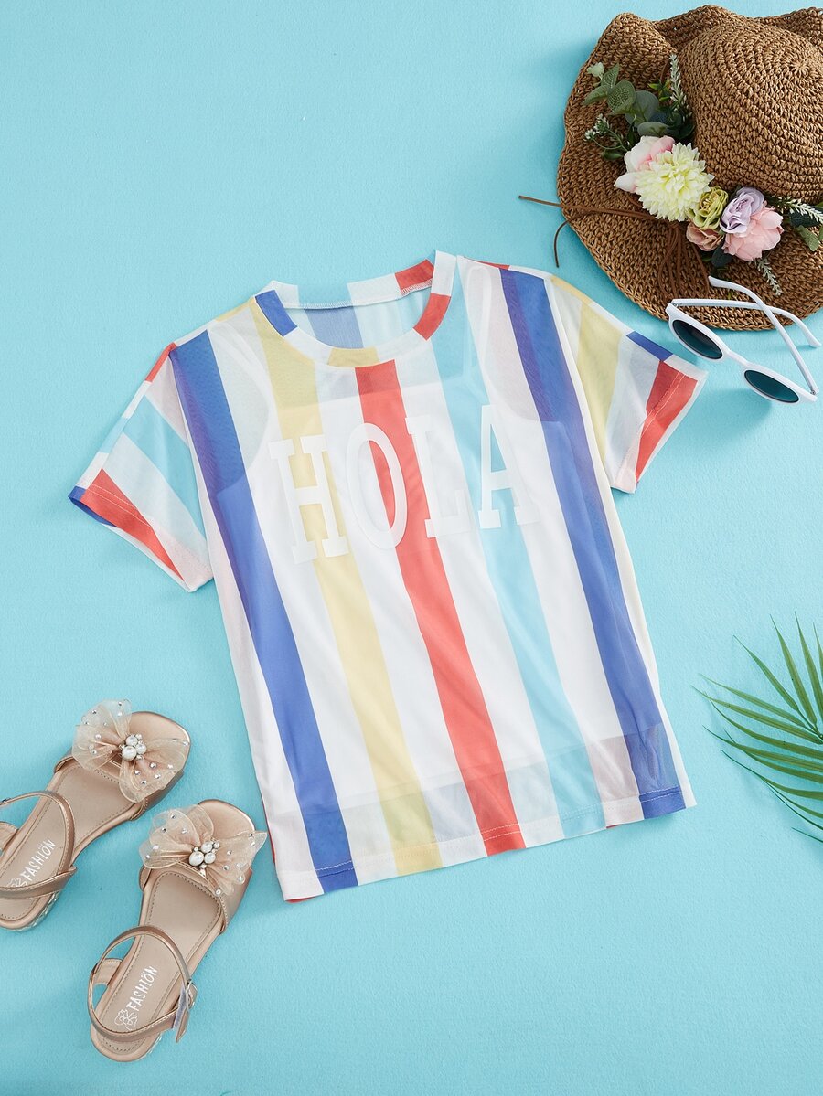 Girls Letter & Block Striped Print Tee & Cami Top - Multicolor - View 1