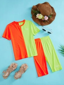 Girls Two Tone Letter Embroidery Tee & Shorts - Multicolor - View 1