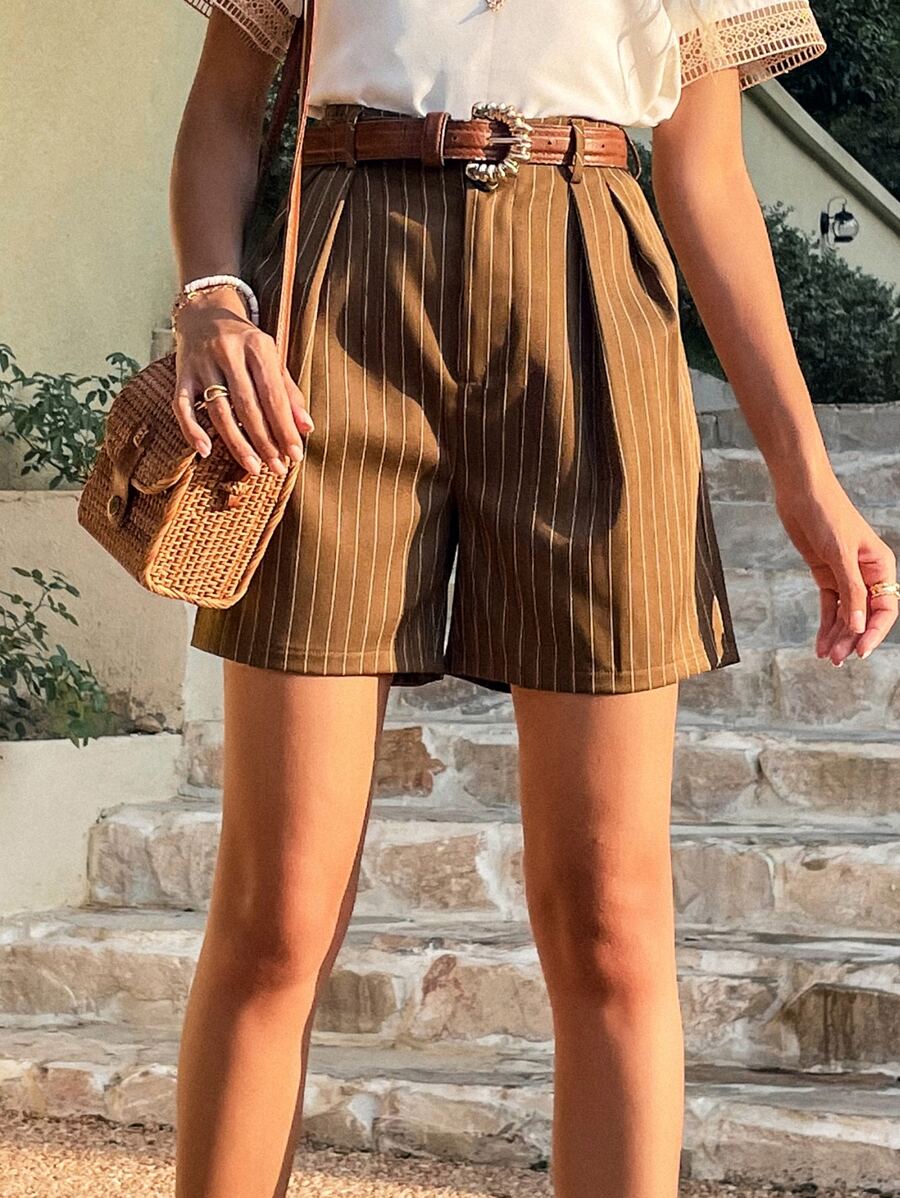 SHEIN Unity High Waist Striped Plicated Detail Shorts - Brown - View 1