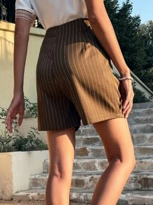 SHEIN Unity High Waist Striped Plicated Detail Shorts - Brown - View 2