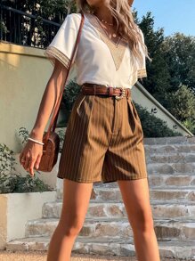 SHEIN Unity High Waist Striped Plicated Detail Shorts - Brown - View 4