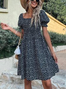 Breezaya 小碎花打褶泡泡袖洋裝 - 黑色 - 查看 5