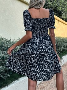 Breezaya 小碎花打褶泡泡袖洋裝 - 黑色 - 查看 2