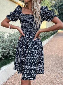 Breezaya 小碎花打褶泡泡袖洋裝 - 黑色 - 查看 6