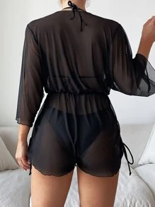 Conjunto de bikini de malla transparente Sujetador de triángulo halter y parte inferior de tanga y vestido para cubrir Traje de baño de 3 piezas