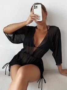 Conjunto de bikini de malla transparente Sujetador de triángulo halter y parte inferior de tanga y vestido para cubrir Traje de baño de 3 piezas