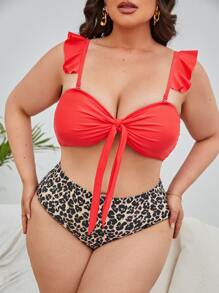 Plus Size Leopard Knot Front Bikini Set Summer Beach - Multicolor - View 1