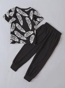 Niñito Pantalones deportivos con camiseta con estampado de pluma - Negro - Ver 2